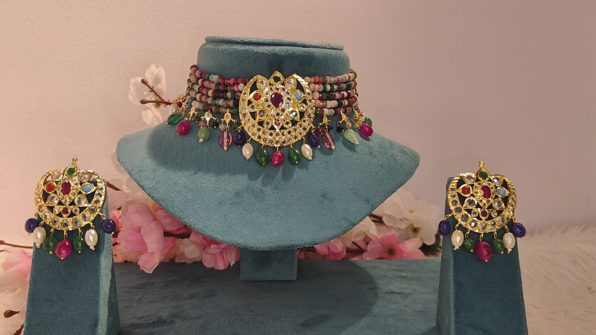 Shagufta Red Real Emerald Bridal Set